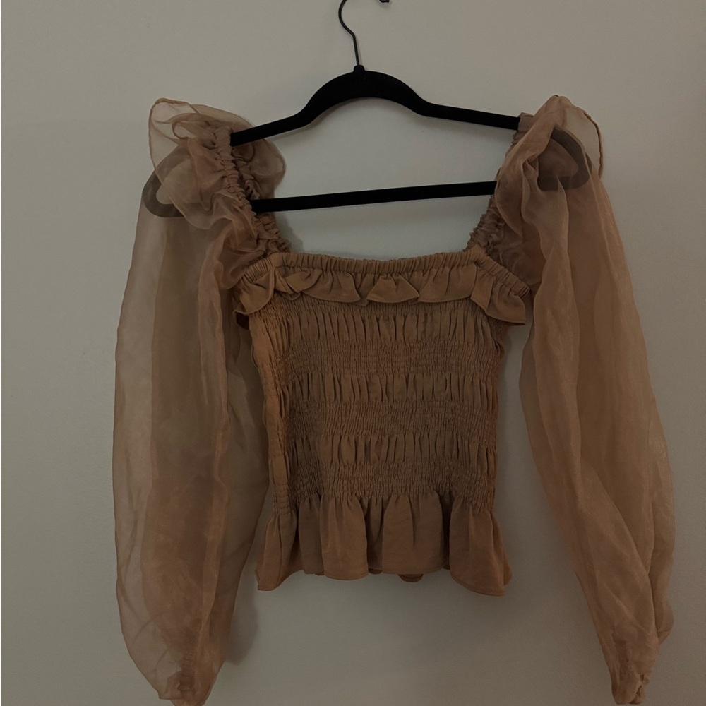 DO+BE Tan Smocked Blouse with Sheer Sleeves